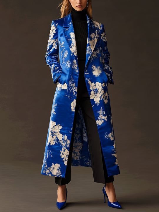 Cobalt Elegance Floral Satin Coat