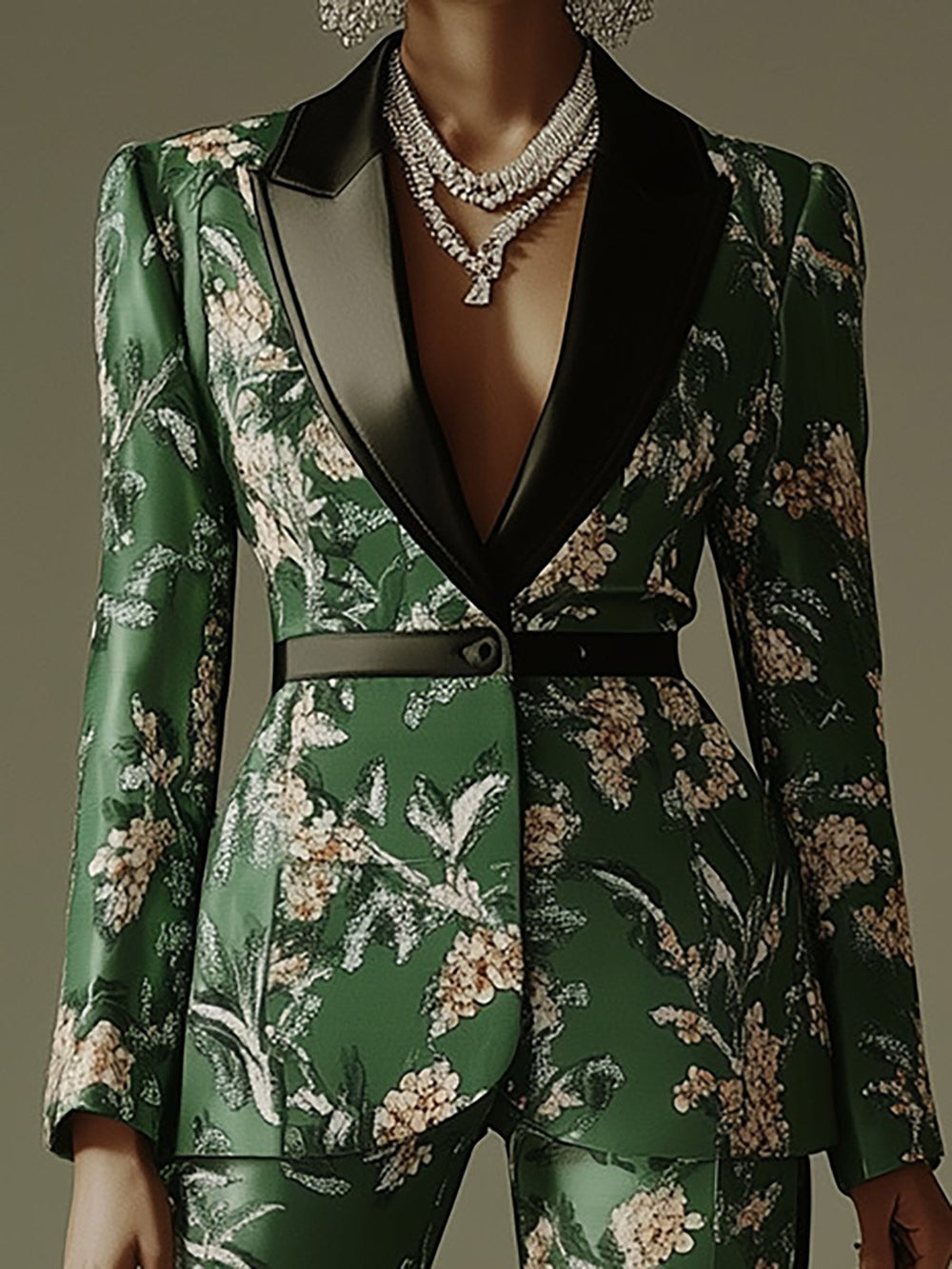 Botanical Luxe Emerald Green Satin Floral Blazer Suit - Blazer