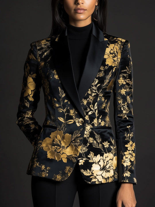 High-End Black and Gold Satin Jacquard Blazer