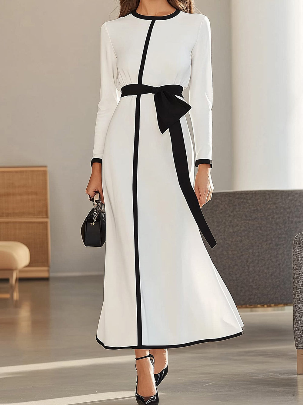 Elegant Black-Trimmed Belted Dress