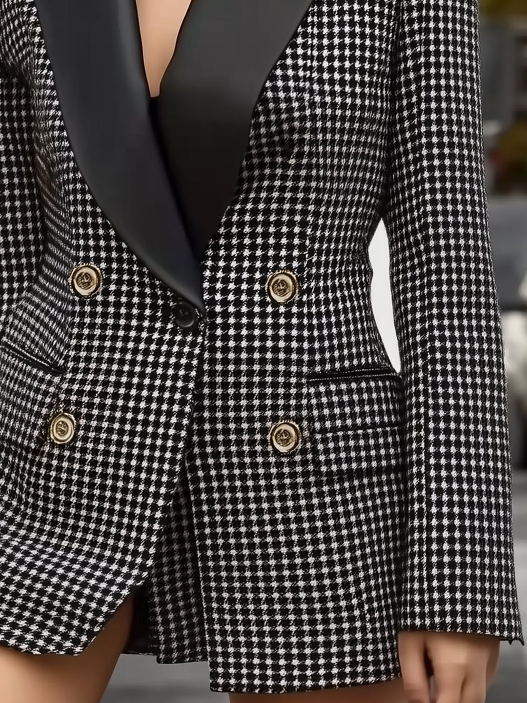 Black Houndstooth Mid-length Woolen  Coat