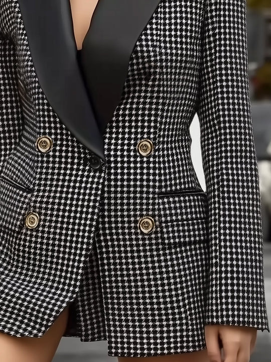 Black Houndstooth Mid-length Woolen  Coat