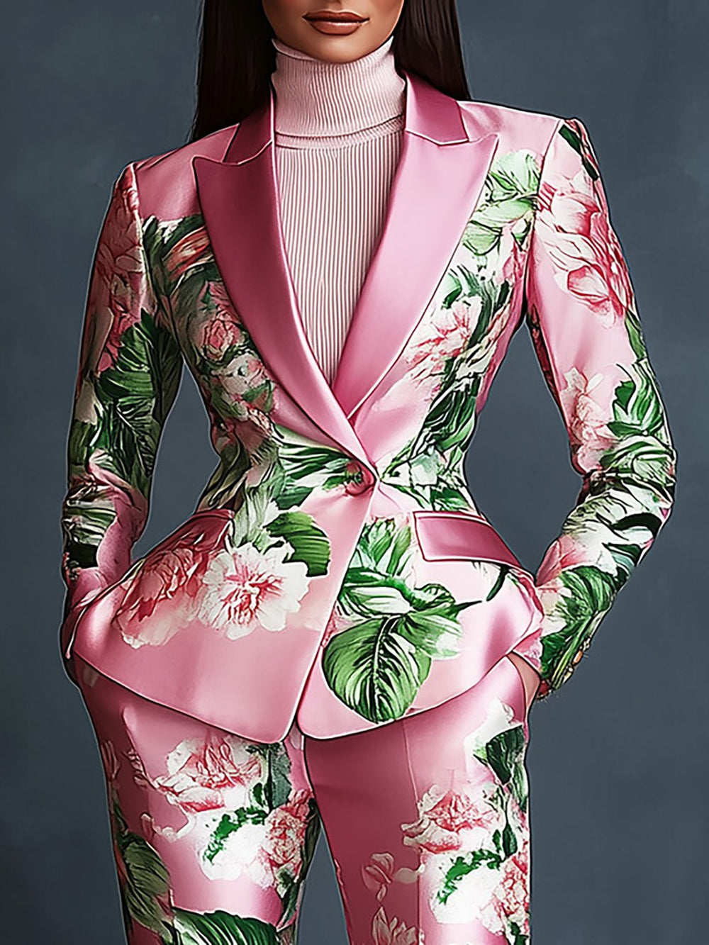 Polished Pink Satin Floral Blazer Ensemble