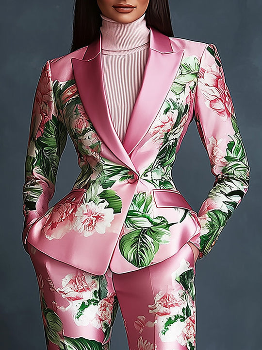Polished Pink Satin Floral Blazer Ensemble