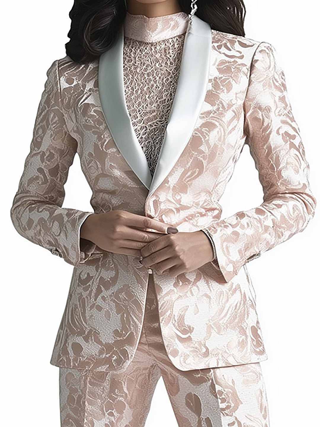 Fashionable Brocade Suit in Pink and White - Blazer