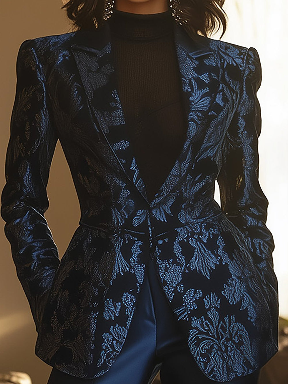 Elegant Navy Blue Satin Suit with Floral Print - Blazer