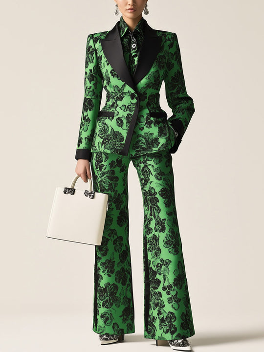 Garden of Glamour Green Floral Print Suit with Black Lapel