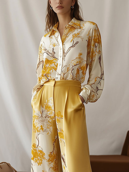 Elegant Yellow Floral Silk Shirt and Wide Leg Pants Set - Shirt