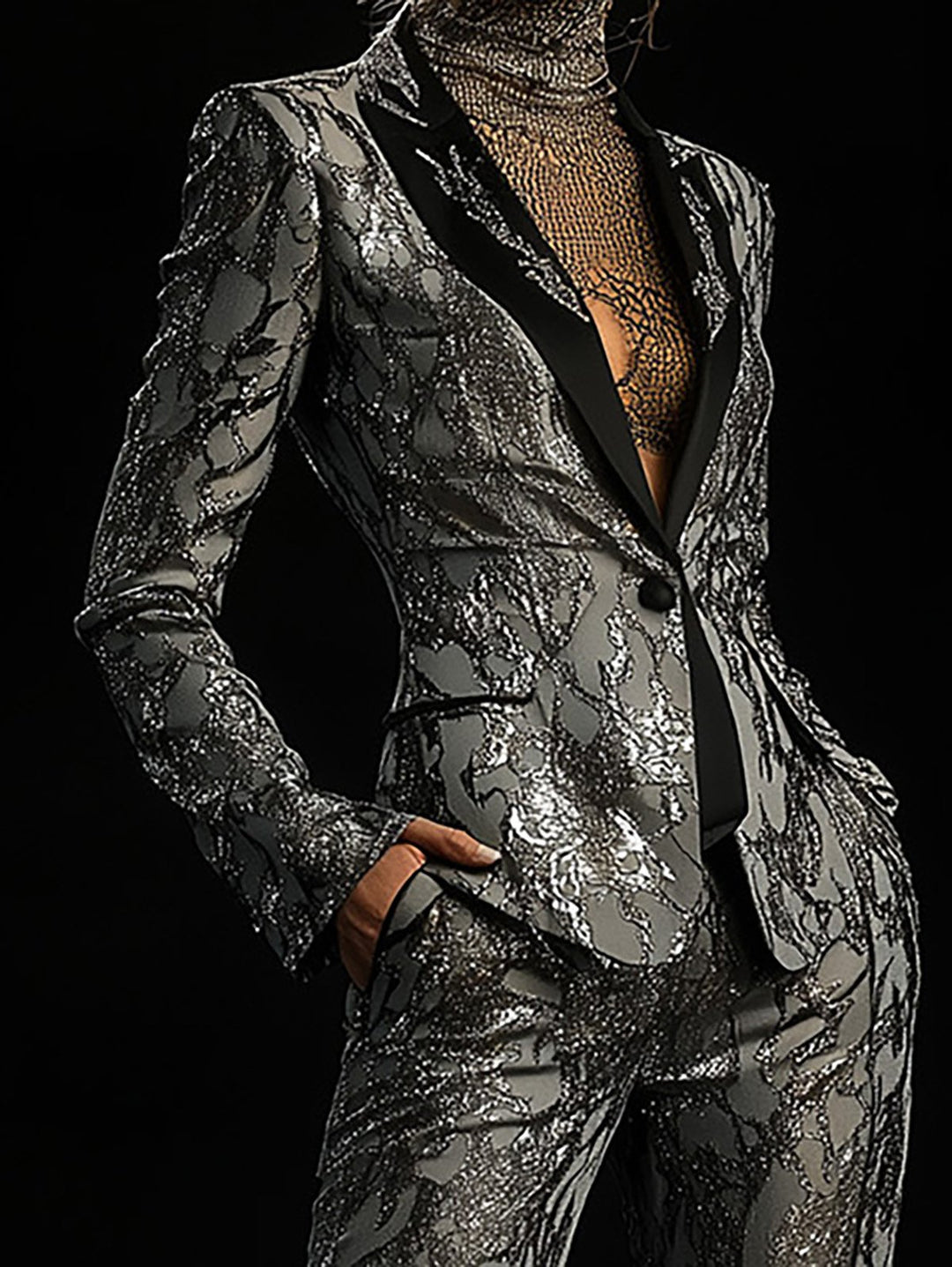 Refined Radiance Statement Silver Print Blazer Ensemble - Blazer