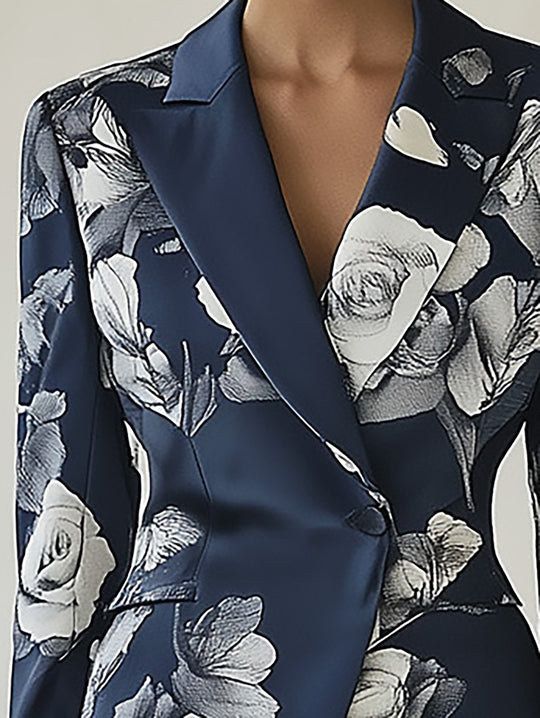 Elegant Navy Blue Floral Print Suit - Blazer