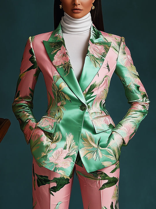 Pink and Green Leaf Print Blazer and Coordinating Set