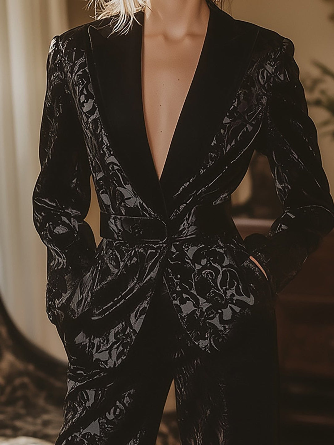 Elegant Black Satin Printed Sst with Waist Belt - Blazer