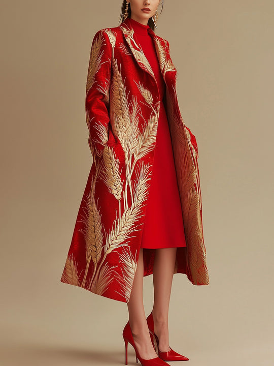 Elegant Red and Gold Wheat Print Coat