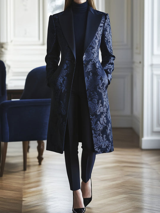 Navy Baroque Print Satin Outerwear