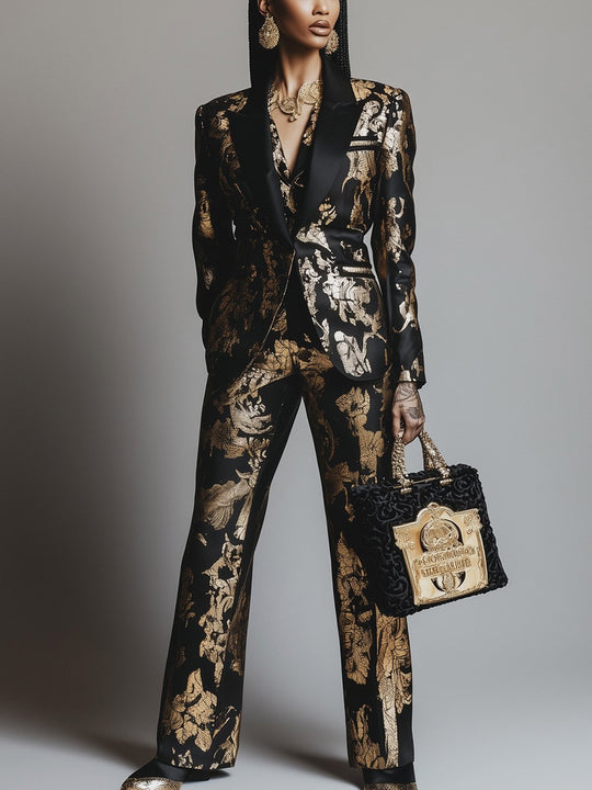 Baroque Glam Black and Gold Embellished Satin Suit