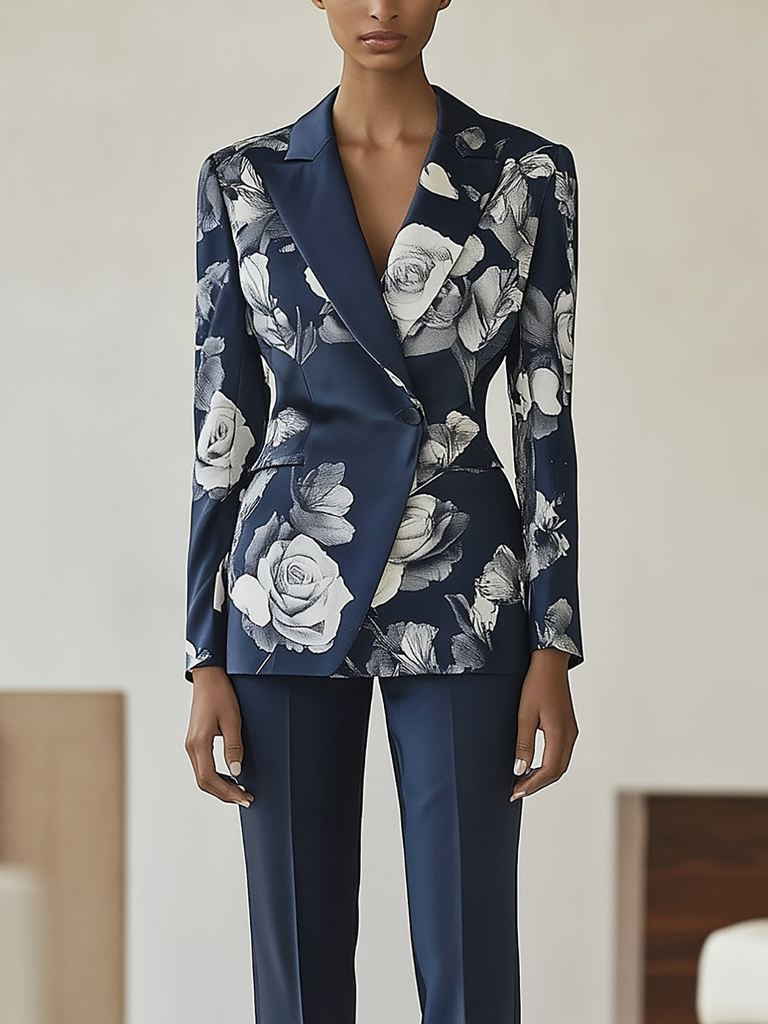 Elegant Navy Blue Floral Print Suit