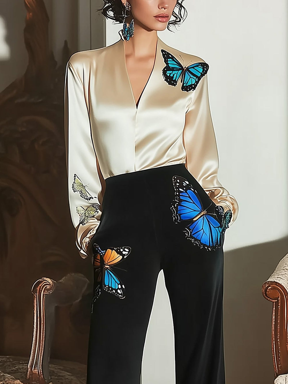 Elegant Butterfly Print Satin Suit