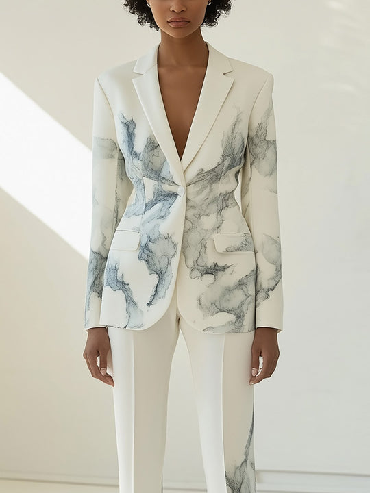 Elegant Blue Marble Print Suit - Blazer