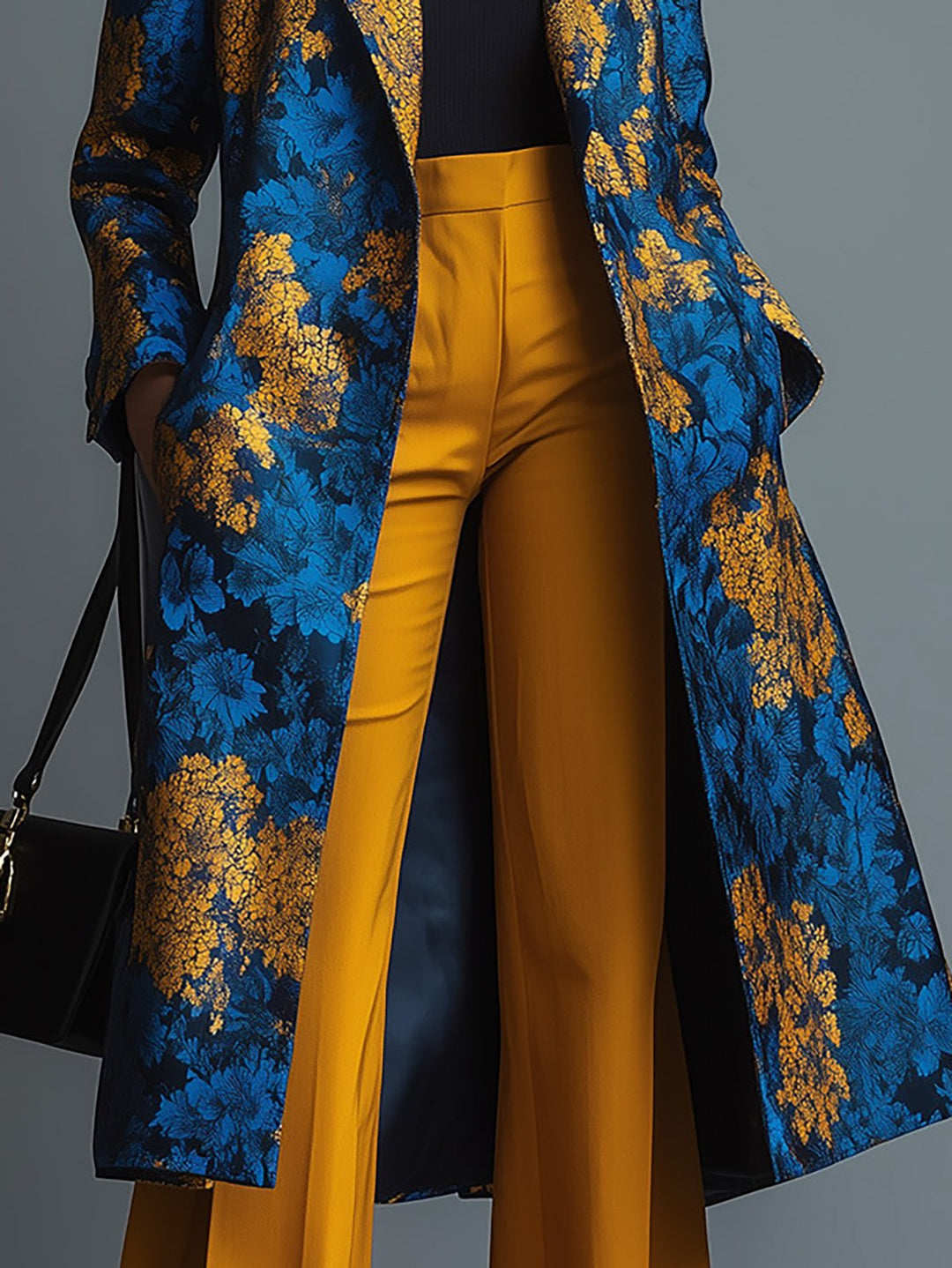 Royal Bloom Blue and Gold Satin Floral Overcoat