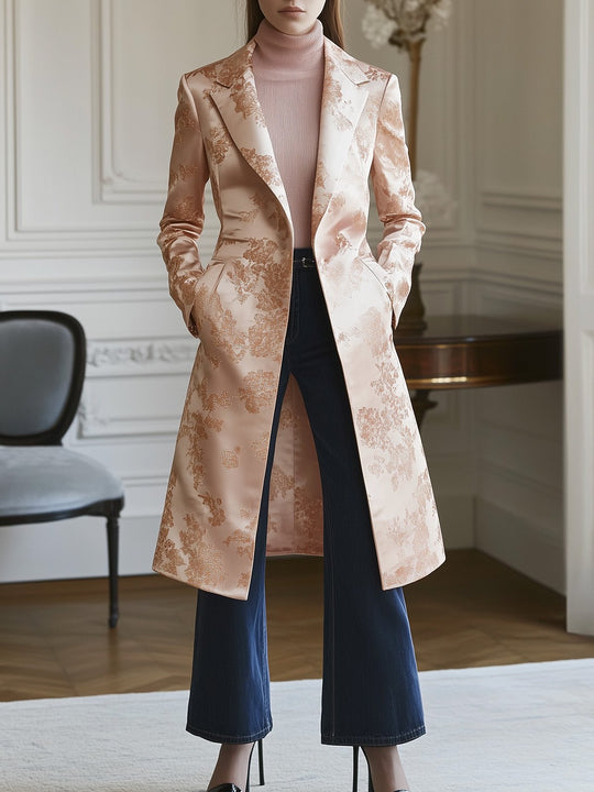 Ornate Blush Satin Coat with Floral Motifs