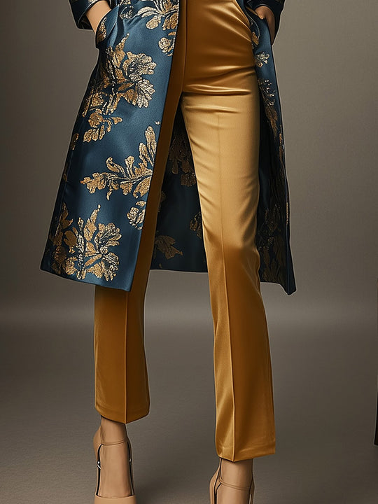 Gold-Accented Floral Print Coat