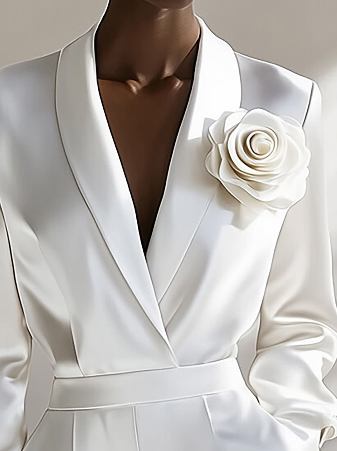 Elegance in White Satin with 3D Rose Accent - Shirt