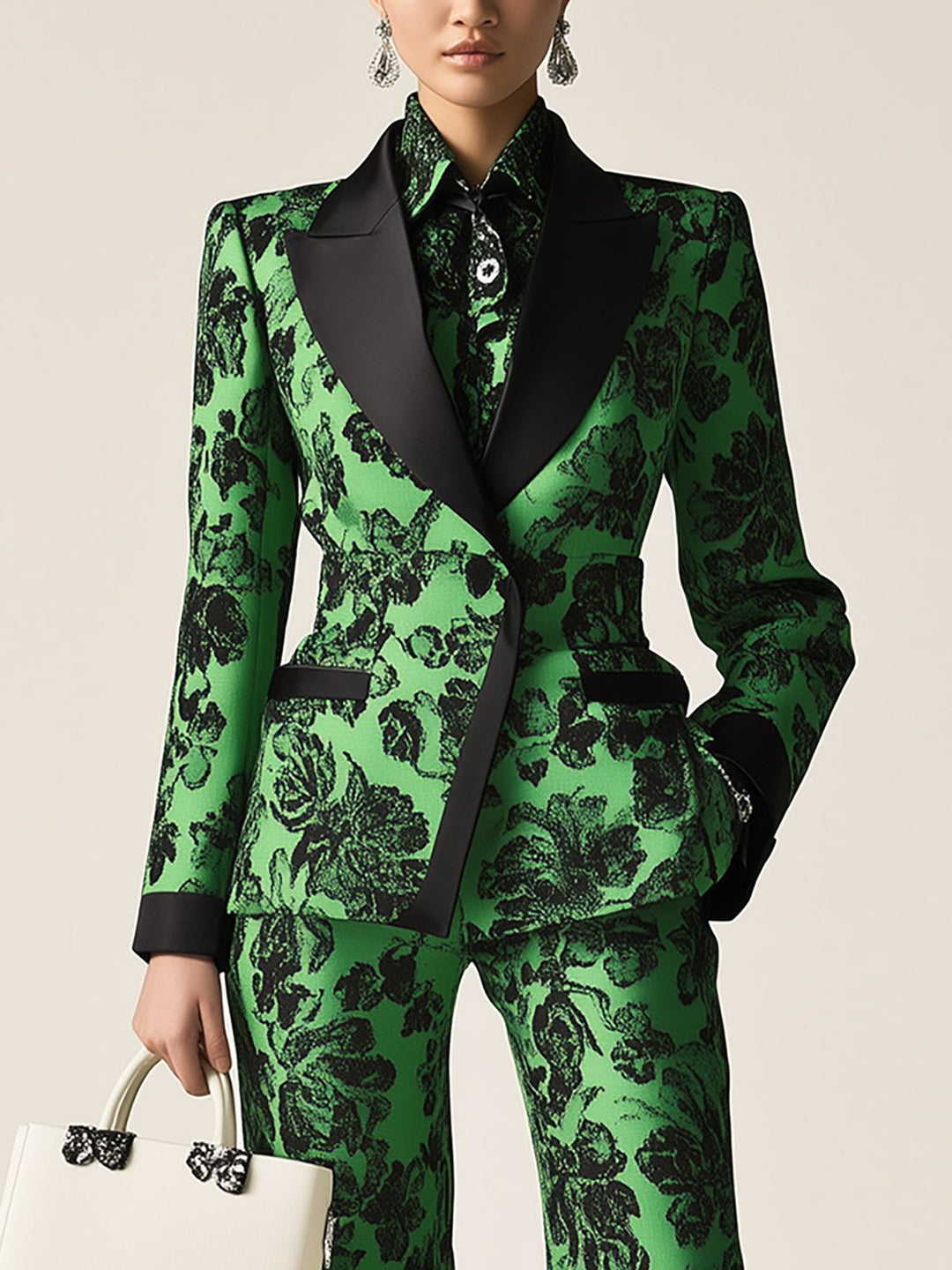 Garden of Glamour Green Floral Print Suit with Black Lapel