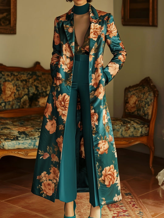 Opulent Garden Teal Floral Satin Coat