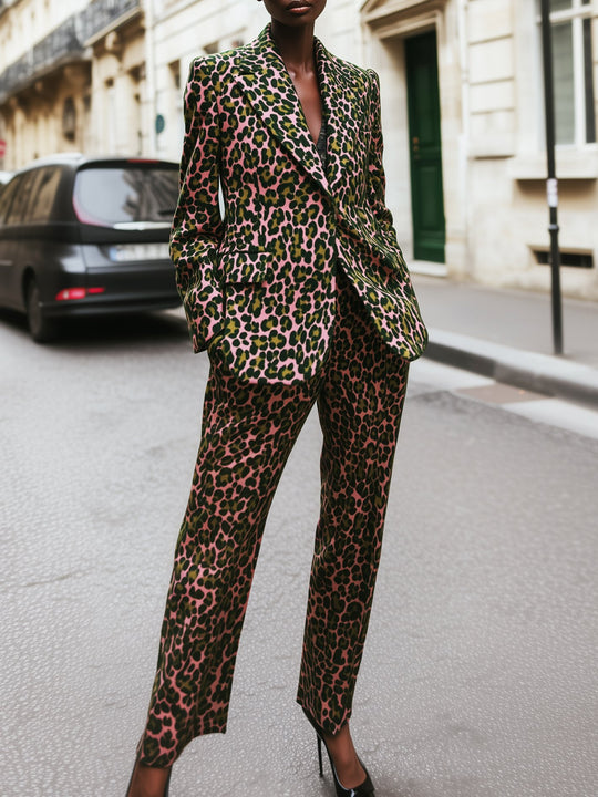Classic Pink Leopard Print Blazer And Pants Suit