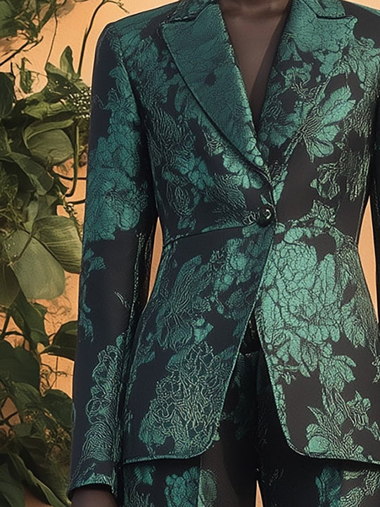 Elegant Green Floral Brocade Suit - Blazer