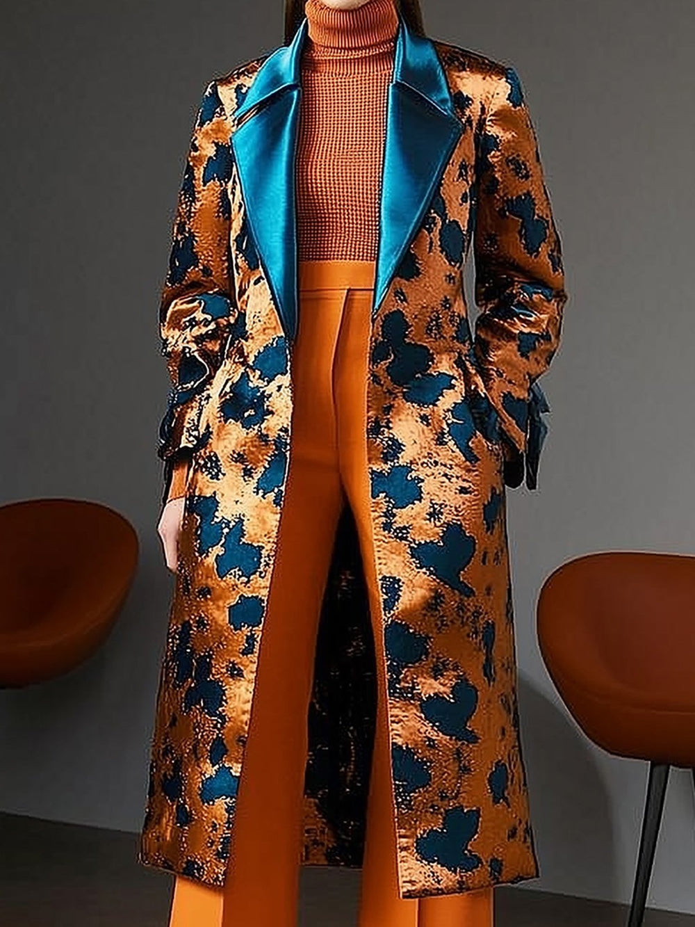 Desert Bloom Orange and Teal Satin Print Overcoat