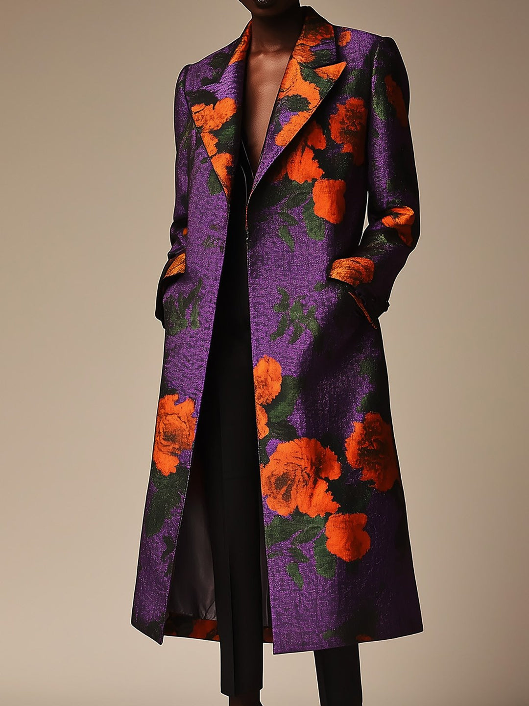 Vibrant Floral Satin Overcoat in Purple and Orange