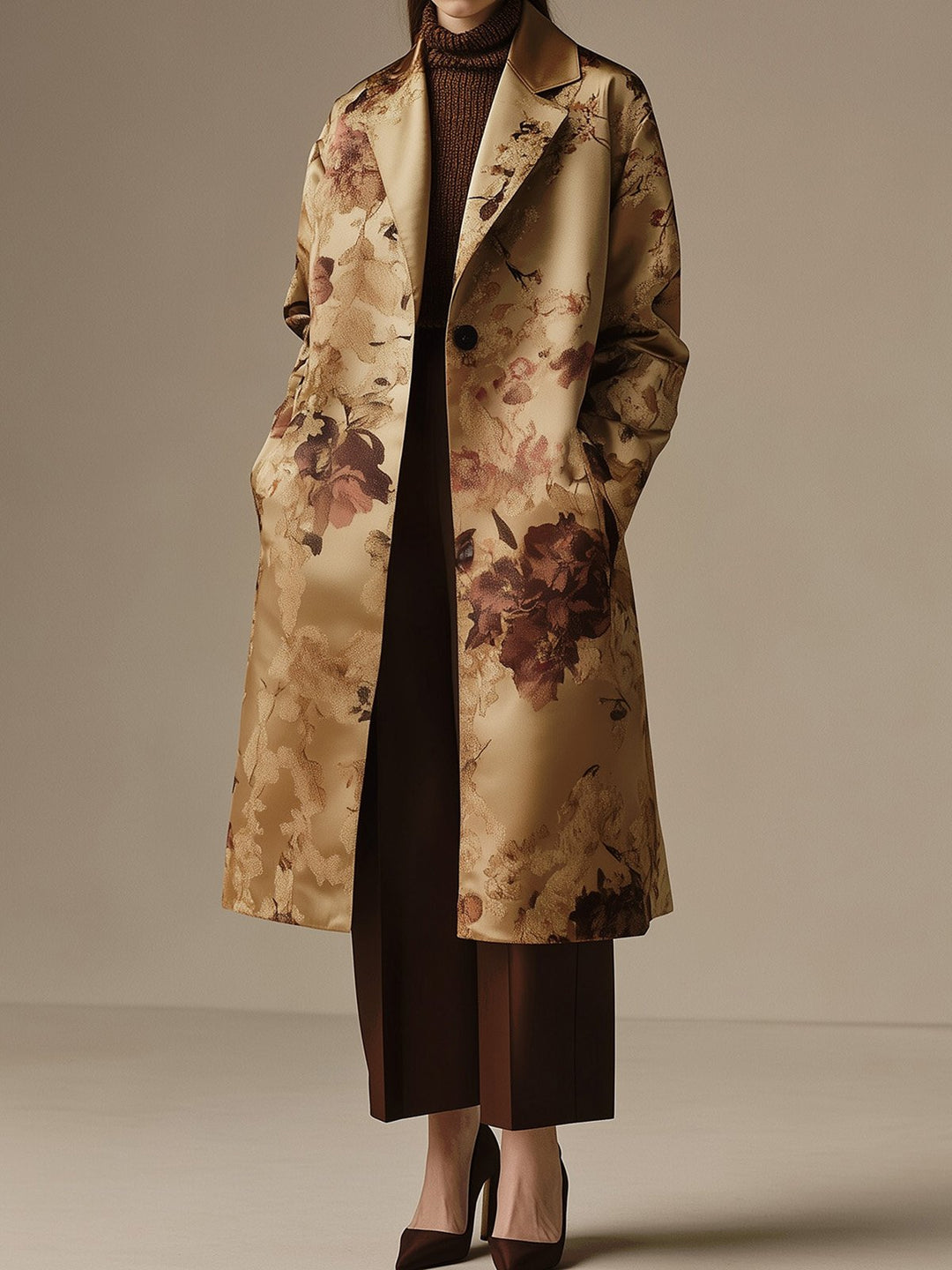 Elegance in Bloom Beige Satin Coat