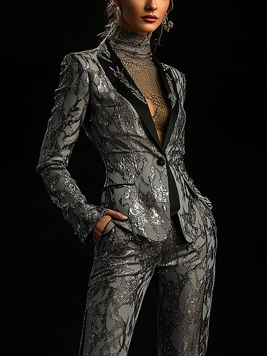 Refined Radiance Statement Silver Print Blazer Ensemble