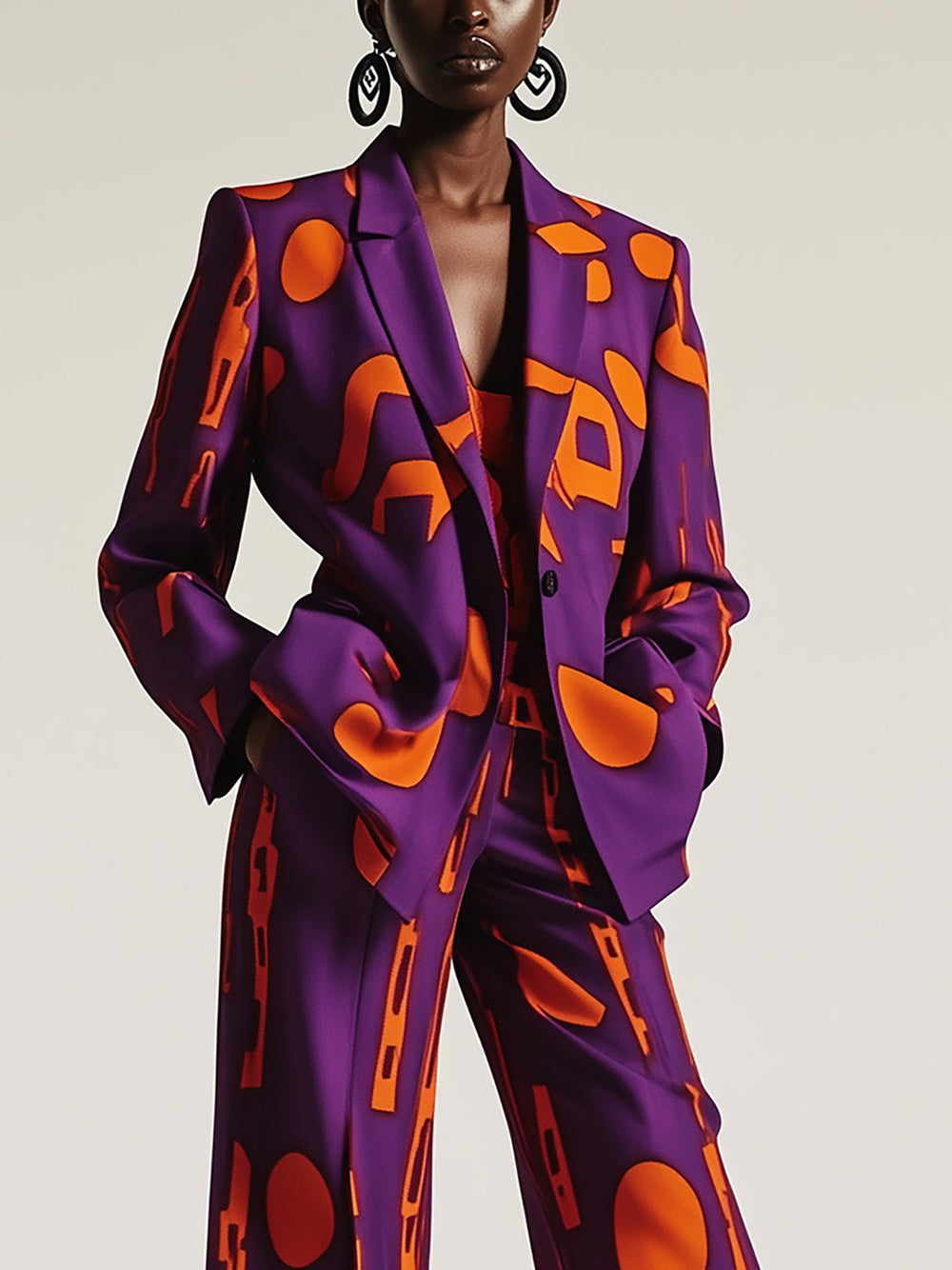 Purple and Orange Geometric Print Suit