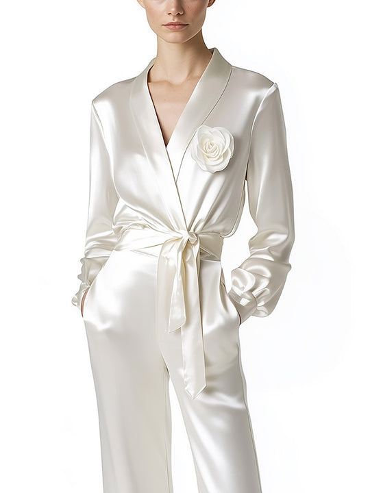 Minimalist White Satin Set with 3D Rose & Waist Belt - Shirt