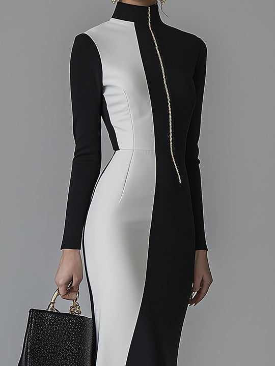 Elegant Black and White Color Block Zipper Dress