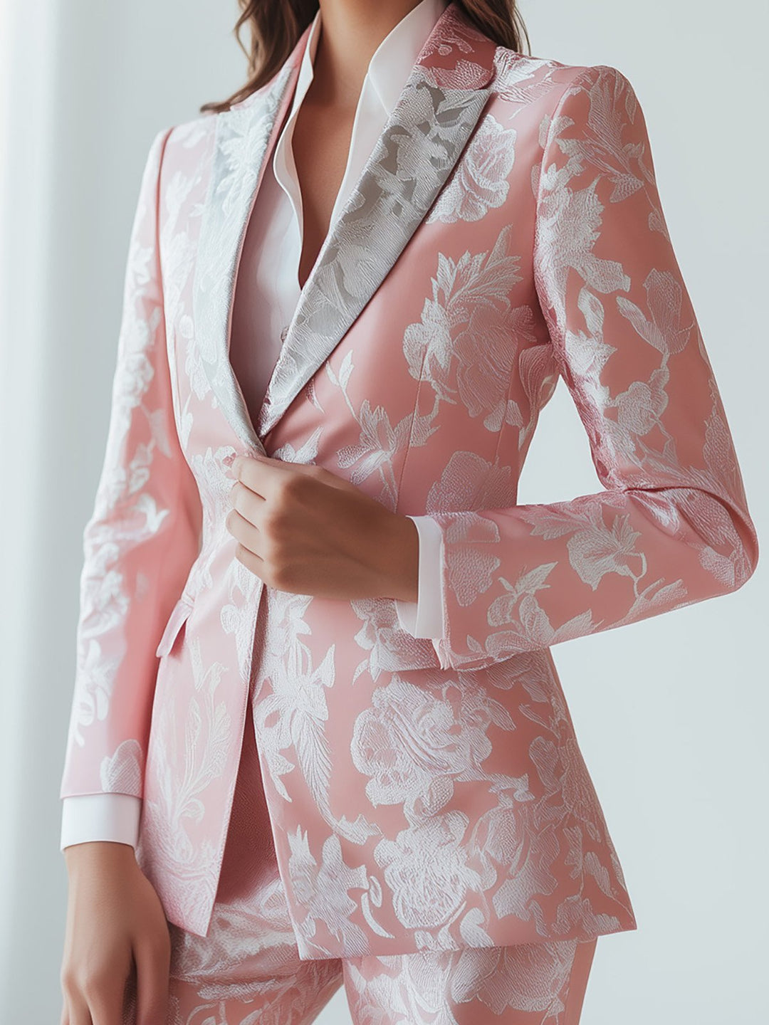 Delicate and Everyday Pink-Silver Satin Print Blazer