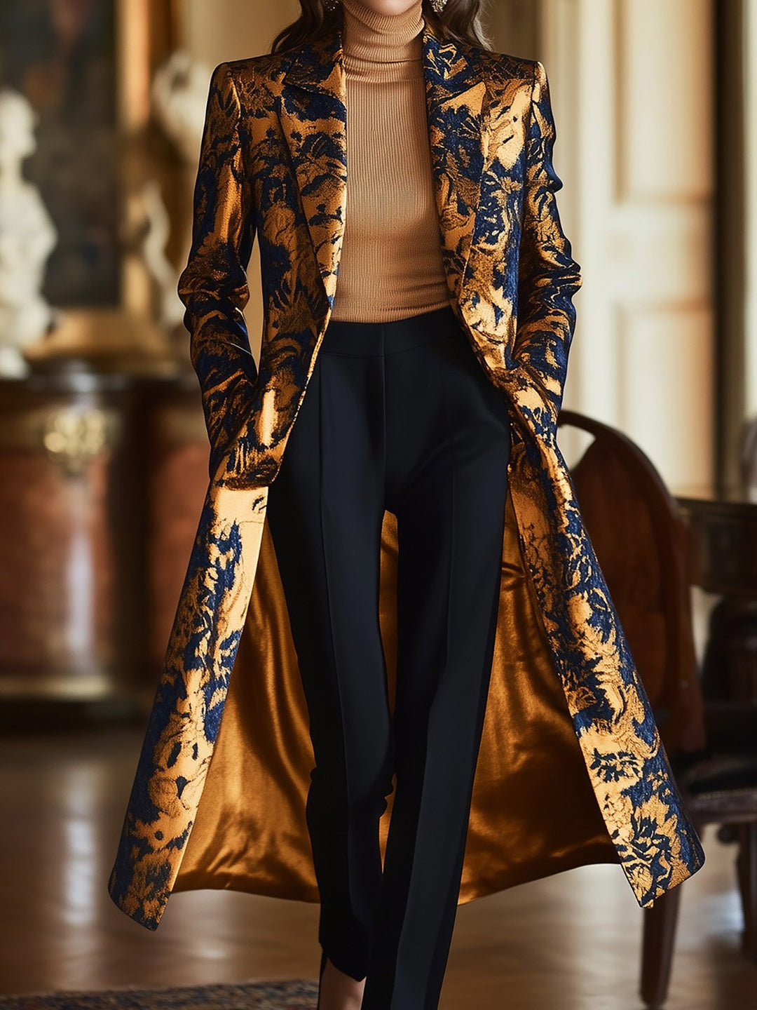 Luxurious Satin Coat with Dark Florals