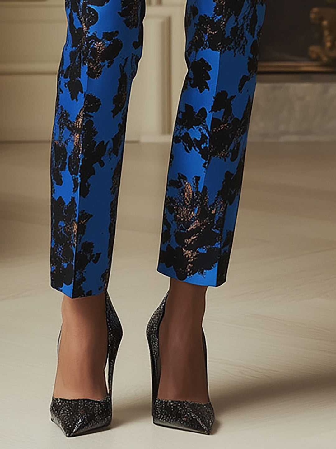 Midnight Garden Luxurious Blue and Black Floral Blazer Set - Pants