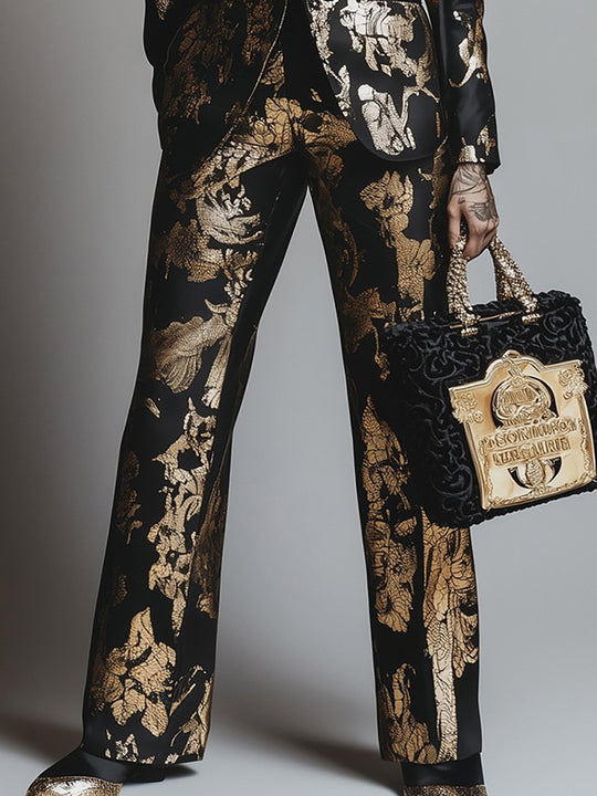 Baroque Glam Black and Gold Embellished Satin Suit - Pants