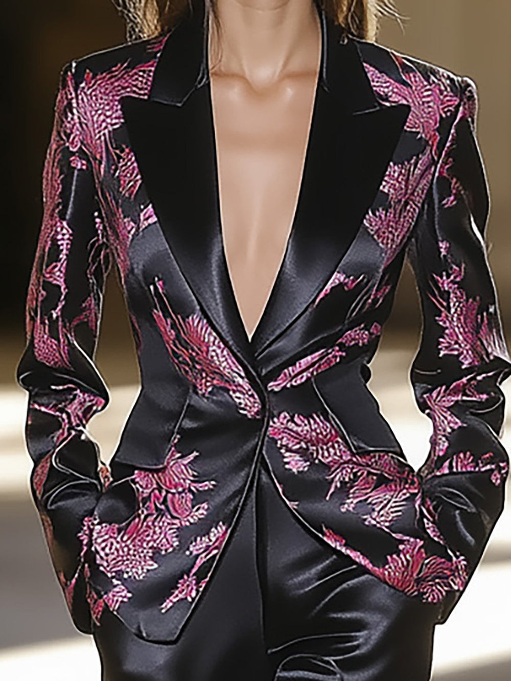 Black Satin Suit with Pink Floral Accents - Blazer