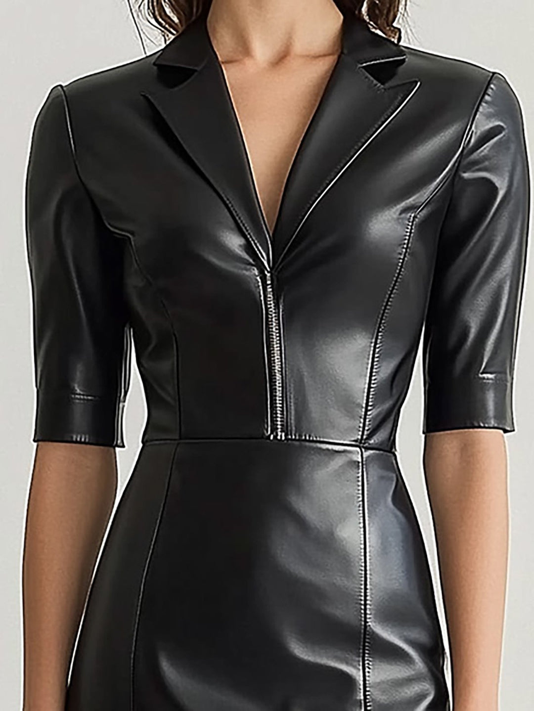 Elegant V-Neck Fitted Leather Dress