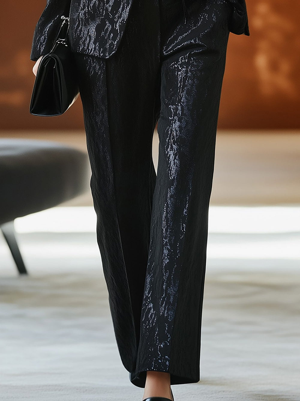 Elegant Black Satin Suit - Pants