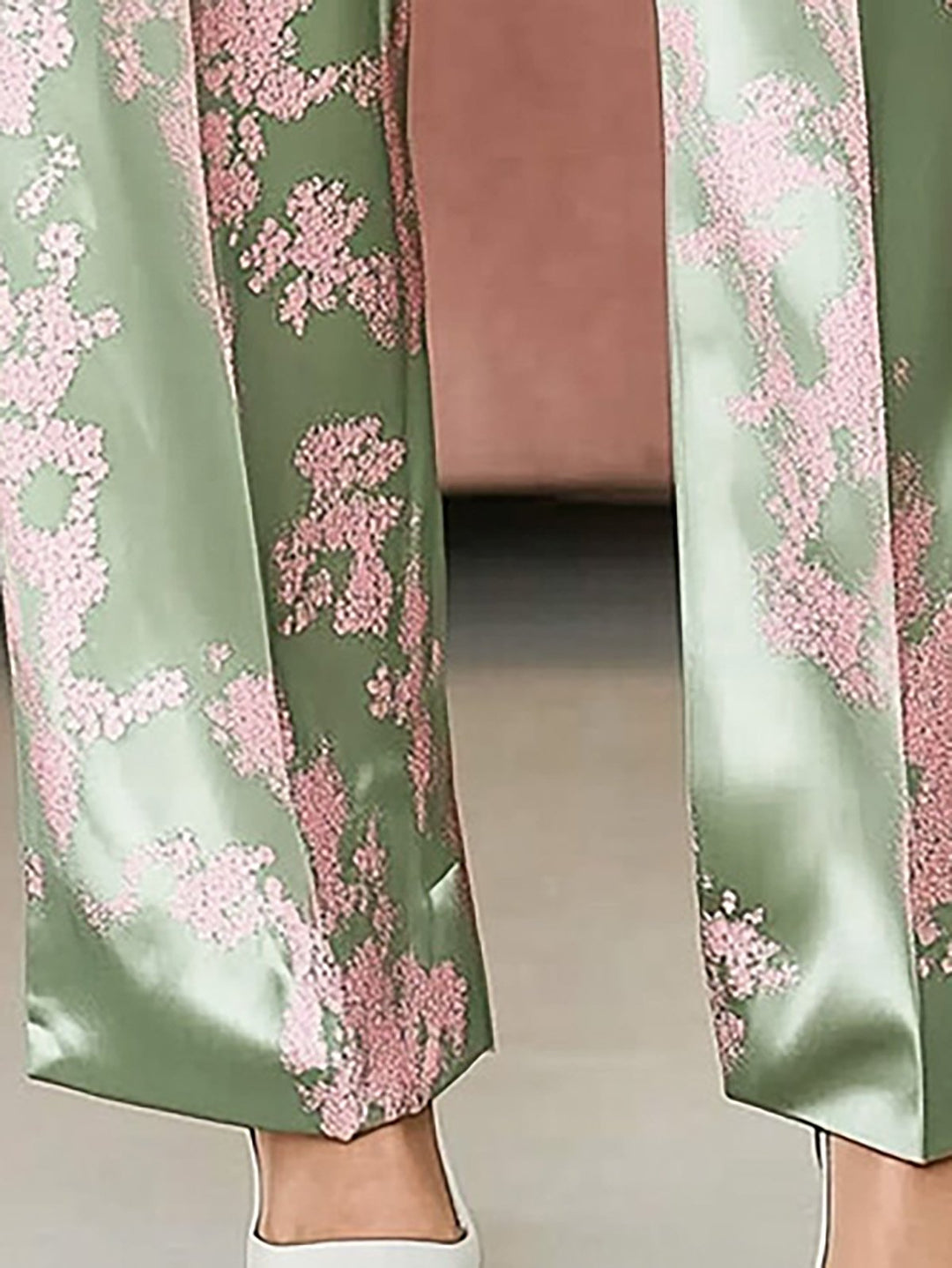 Pink Green Satin Printed Shirt Suit - Pants