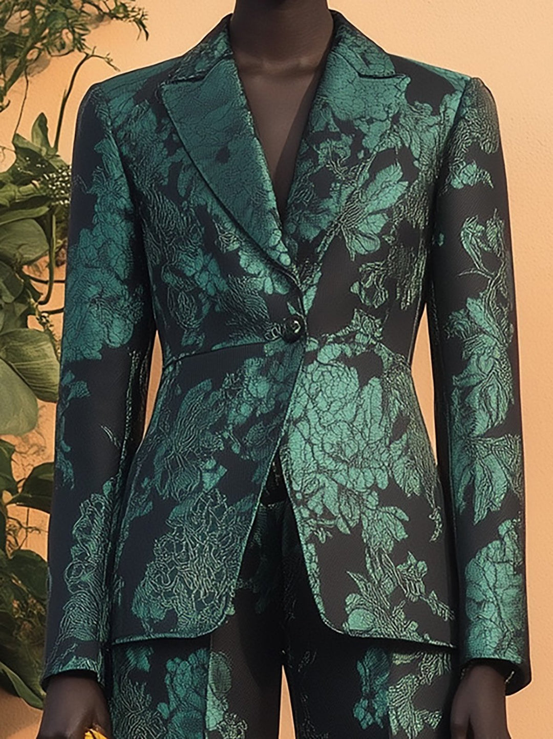 Elegant Green Floral Brocade Suit - Blazer