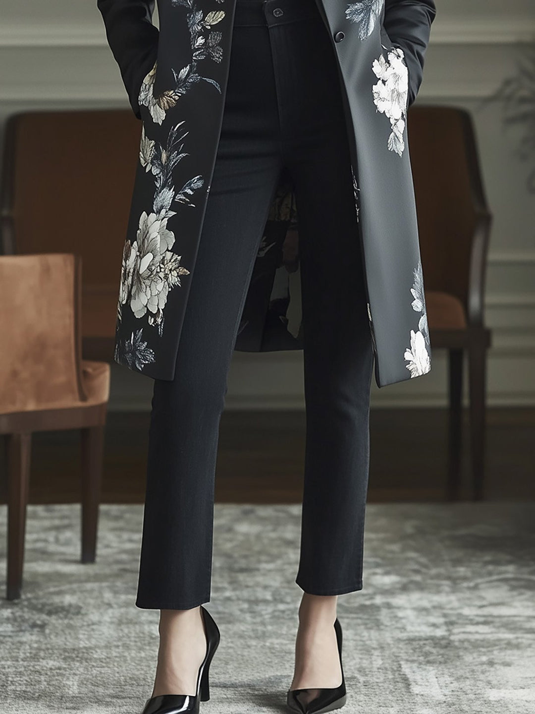 Black Coat with Subtle Floral Accents