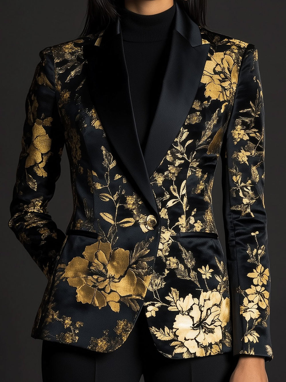 High-End Black and Gold Satin Jacquard Blazer