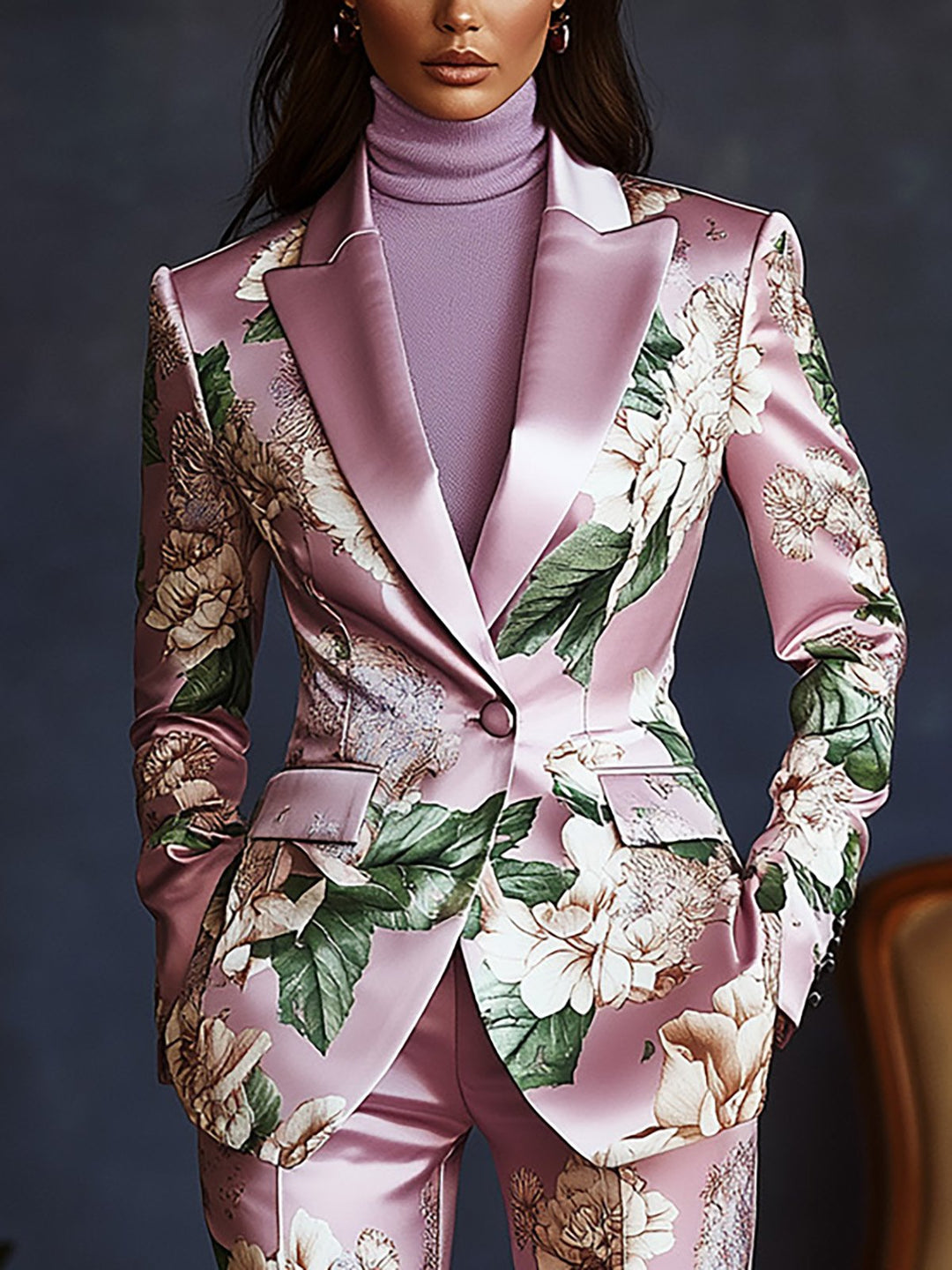 Modern Floral Elegance Purple and Green Satin Suit