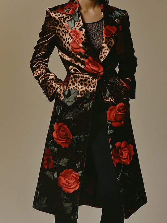 Crimson Rose and Leopard Print Satin Coat